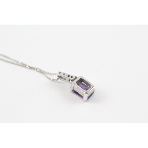 11 - 9ct white gold amethyst and diamond pendant on chain (1.6g)