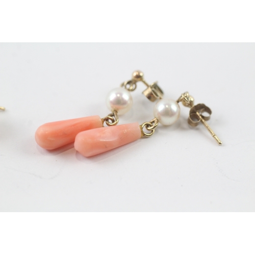 12 - 2 x 9ct gold cultured pearl and coral drop earrings (2.5g)