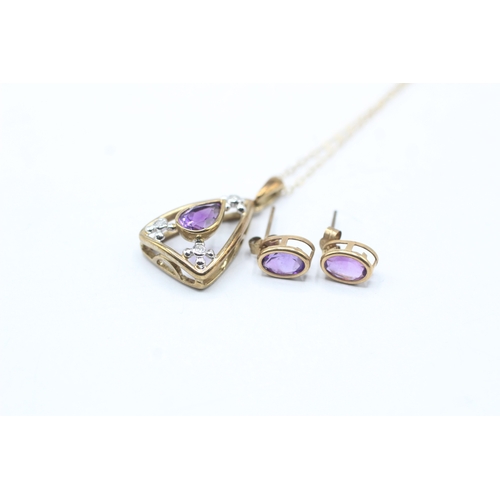 123 - 2x 9ct gold amethyst & diamond necklace & stud earrings (4.1g)