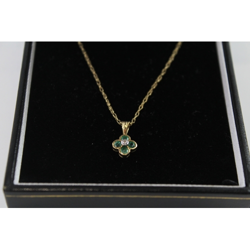 13 - 9ct gold emerald and diamond earrings and necklace set in box (2.2g)