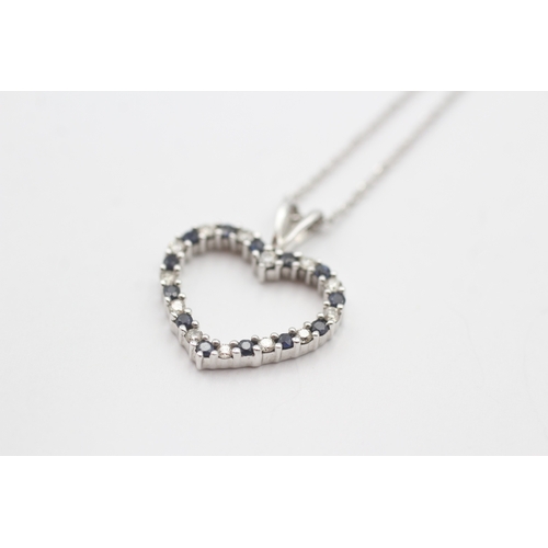 139 - 9ct gold sapphire and diamond heart pendant on chain (2.4g)