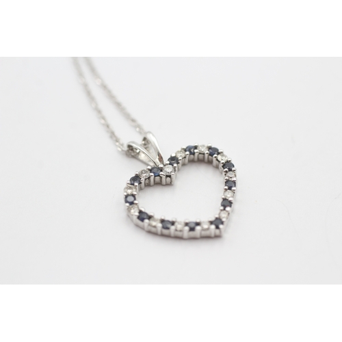 139 - 9ct gold sapphire and diamond heart pendant on chain (2.4g)