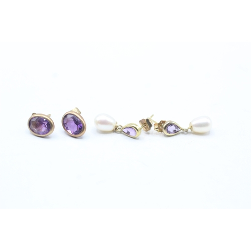 168 - 2x 9ct gold amethyst & cultured pearl earrings (2g)