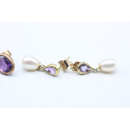 168 - 2x 9ct gold amethyst & cultured pearl earrings (2g)