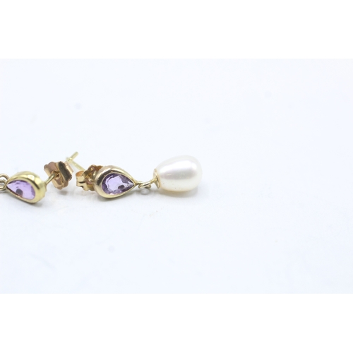 168 - 2x 9ct gold amethyst & cultured pearl earrings (2g)