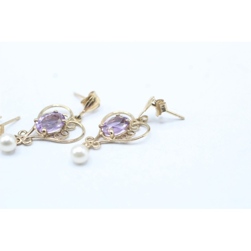 17 - 2x 9ct gold amethyst & pearl earrings (1.9g)