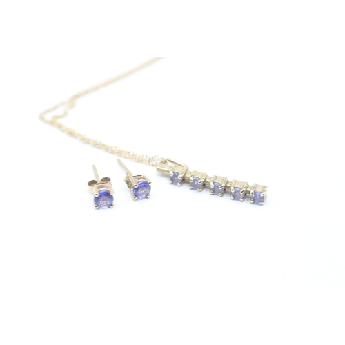 175 - 2x 9ct gold blue gemstone drop necklace & stud earrings set (2.4g)