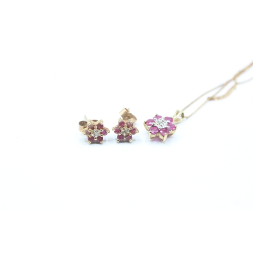 176 - 2x 9ct gold ruby & diamond cluster earrings & necklaces (2.1g)