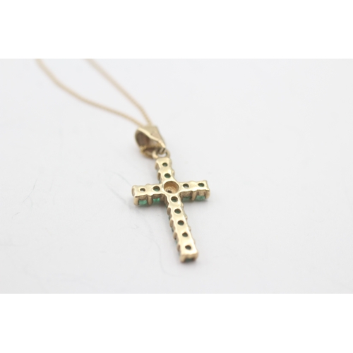 180 - 9ct gold emerald & diamond cross pendant necklace (1.4g)