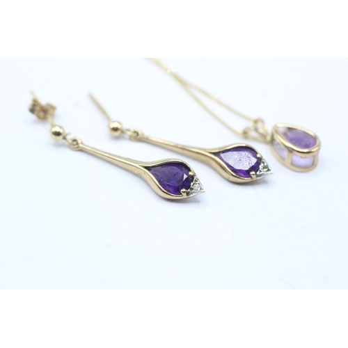 185 - 2x 9ct gold amethyst & diamond drop earrings & necklace (3g)