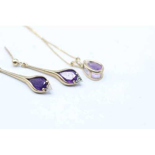 185 - 2x 9ct gold amethyst & diamond drop earrings & necklace (3g)