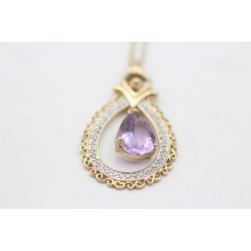 188 - 9ct gold amethyst & diamond pendant necklace (3.3g)