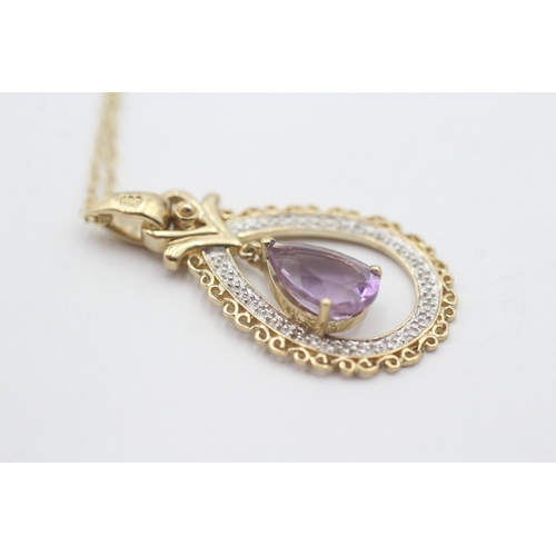 188 - 9ct gold amethyst & diamond pendant necklace (3.3g)