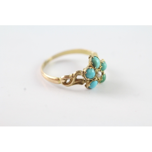 203 - 18ct gold antique turquoise and seed pearl floral cluster dress ring Size M 1/2