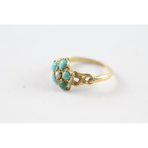 203 - 18ct gold antique turquoise and seed pearl floral cluster dress ring Size M 1/2