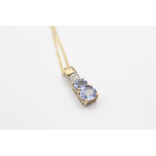 210 - 9ct gold blue gemstone & diamond pendant necklace (1.7g)