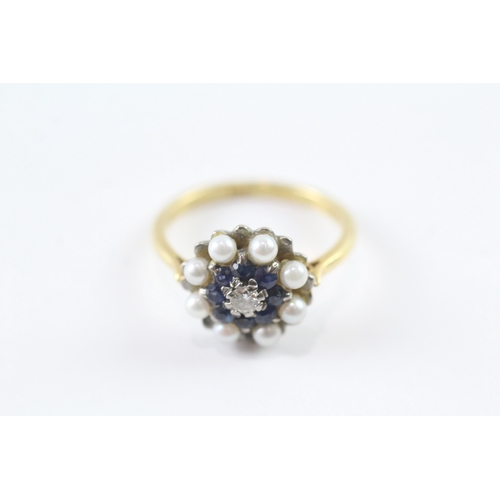 213 - 18ct gold diamond, sapphire & pearl cluster ring (5g) Size O 1/2