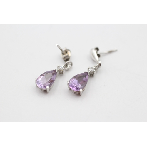 9ct gold amethyst and white gemstone drop stud earrings (1.3g)