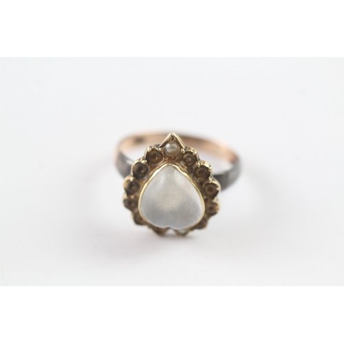 23 - 9ct gold vintage heart cut moonstone and pearl halo dress ring *as seen* Size M