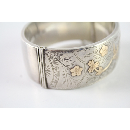 256 - 1970s Sterling Silver Victorian Revival Bangle w/ Gold Accent 65g