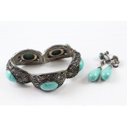 265 - Chinese Export Sterling Silver Turquoise Jewellery Set 64g