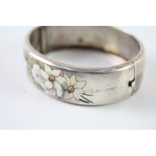 273 - Victorian Sterling Silver Enamel Bangle w/ Floral Design 34g