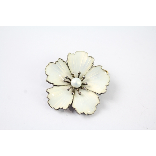 294 - Volmer Bahner Denmark Sterling Silver White Enamel Floral Brooch 12g