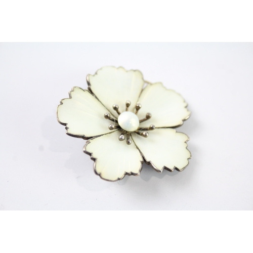 294 - Volmer Bahner Denmark Sterling Silver White Enamel Floral Brooch 12g