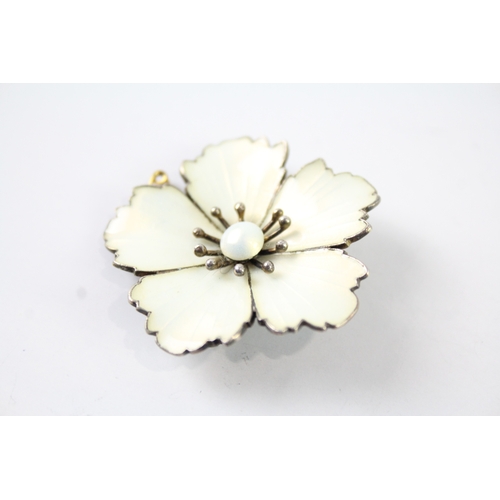 294 - Volmer Bahner Denmark Sterling Silver White Enamel Floral Brooch 12g