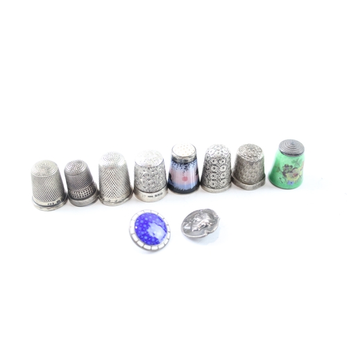 329 - 10 x Antique / Vintage .925 Sterling Silver Thimbles & Buttons Inc Enamel 47g