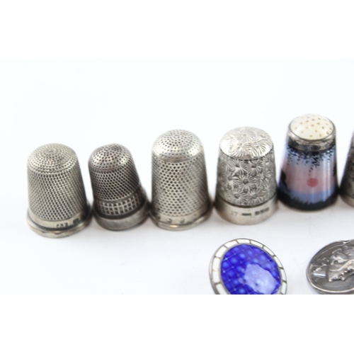 329 - 10 x Antique / Vintage .925 Sterling Silver Thimbles & Buttons Inc Enamel 47g