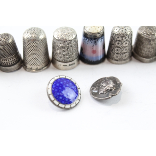 329 - 10 x Antique / Vintage .925 Sterling Silver Thimbles & Buttons Inc Enamel 47g