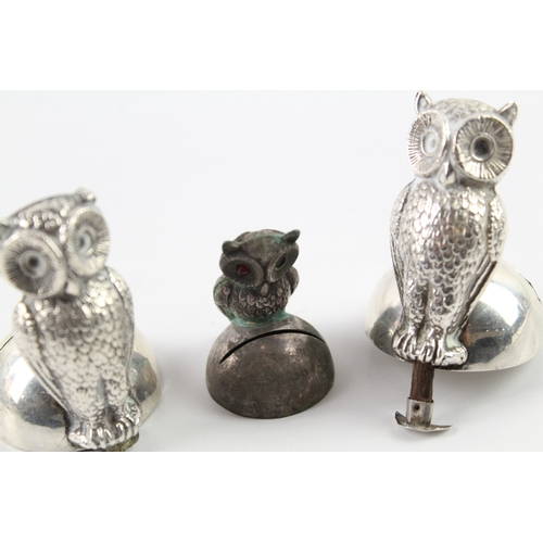 344 - 3 x Antique Edwardian .925 Sterling Silver Novelty Owl Placecard Holders (55g)