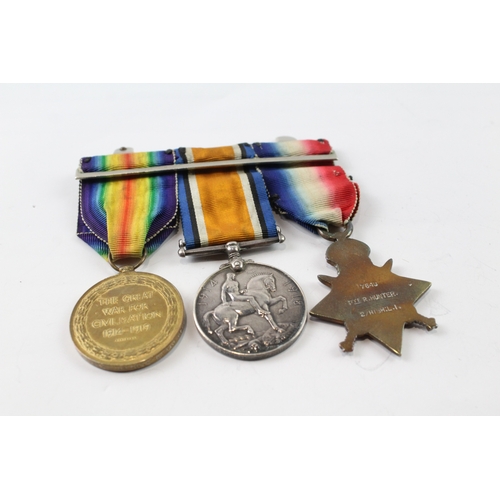 370 - Mounted WW1 1914 Mons Star Bar Medal Trio 7649 Pte R. Hunter HLI