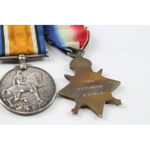 370 - Mounted WW1 1914 Mons Star Bar Medal Trio 7649 Pte R. Hunter HLI