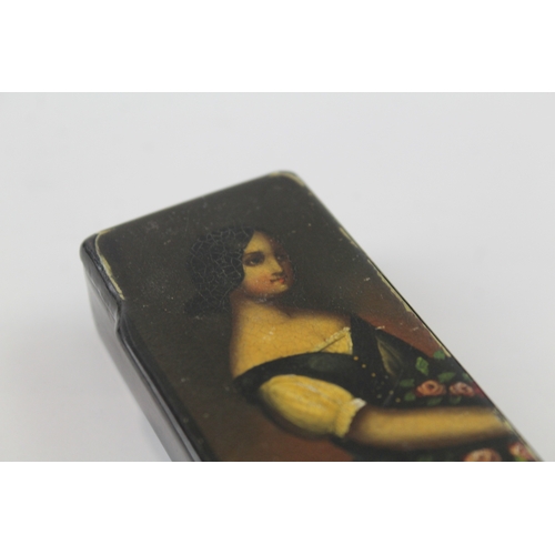 384 - Antique Hand Painted Paper Mache Snuff Box