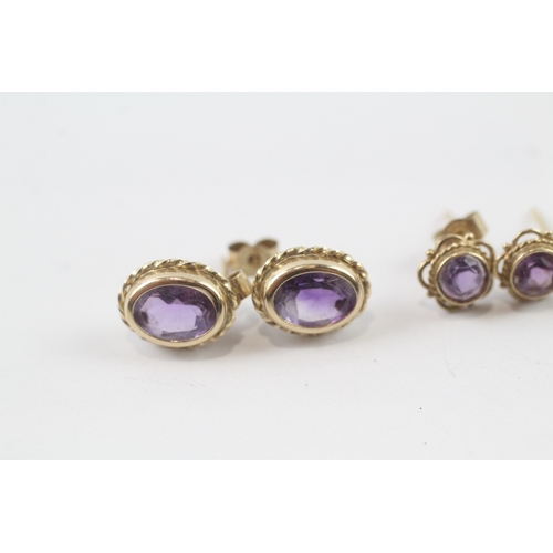 43 - 3 x 9ct gold amethyst single stone stud earrings (2.7g)