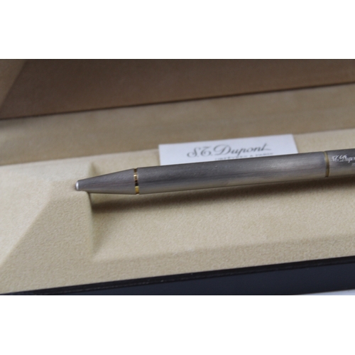 444 - Vintage S.T DUPONT Brushed Steel & Gold Plate Ballpoint Pen / Biro WRITING