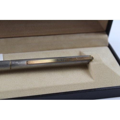 444 - Vintage S.T DUPONT Brushed Steel & Gold Plate Ballpoint Pen / Biro WRITING