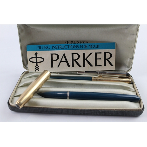 448 - Vintage Parker 51 Teal Fountain Pen w/ 14ct Gold Nib, Pencil, Gold Plated Cap