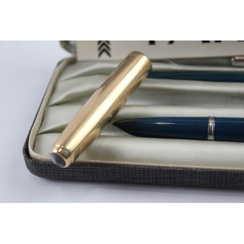 448 - Vintage Parker 51 Teal Fountain Pen w/ 14ct Gold Nib, Pencil, Gold Plated Cap