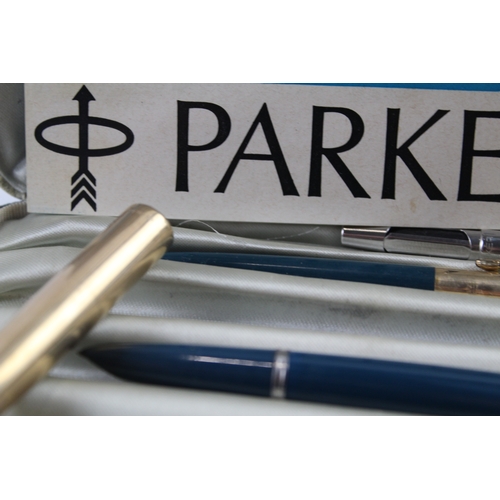 448 - Vintage Parker 51 Teal Fountain Pen w/ 14ct Gold Nib, Pencil, Gold Plated Cap