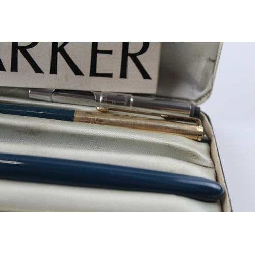 448 - Vintage Parker 51 Teal Fountain Pen w/ 14ct Gold Nib, Pencil, Gold Plated Cap