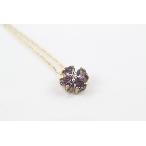 45 - 9ct gold Amethyst & Diamond cluster / clover pendant necklace (1.5g)