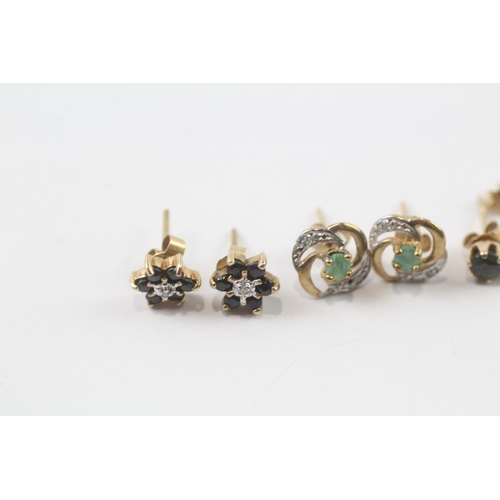 55 - 3 x 9ct gold sapphire, diamond, emerald and blue gemstone stud earrings (2g)