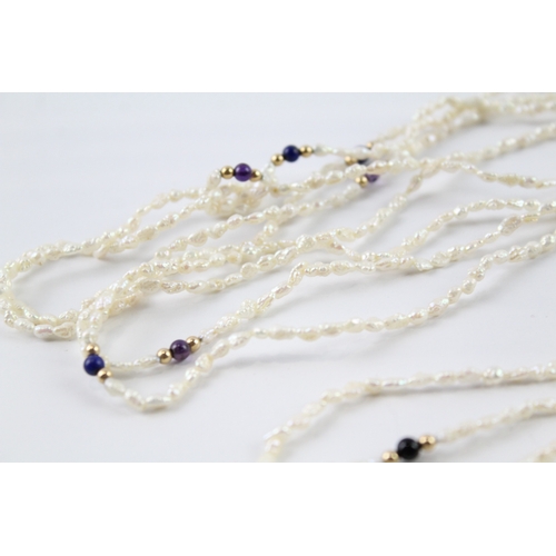 59 - 3 x 9ct gold spacer beads, rice pearls, onyx, lapis and amethyst (28.8g)