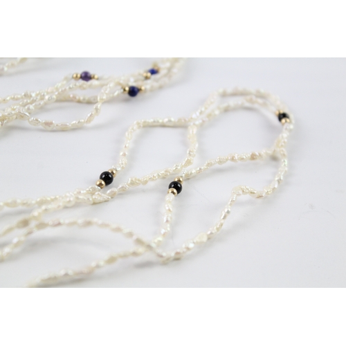 59 - 3 x 9ct gold spacer beads, rice pearls, onyx, lapis and amethyst (28.8g)