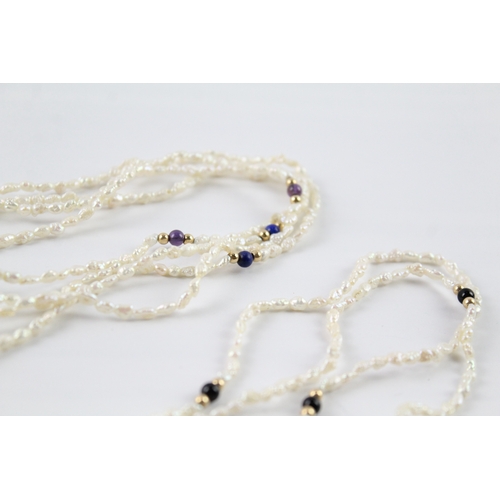 59 - 3 x 9ct gold spacer beads, rice pearls, onyx, lapis and amethyst (28.8g)