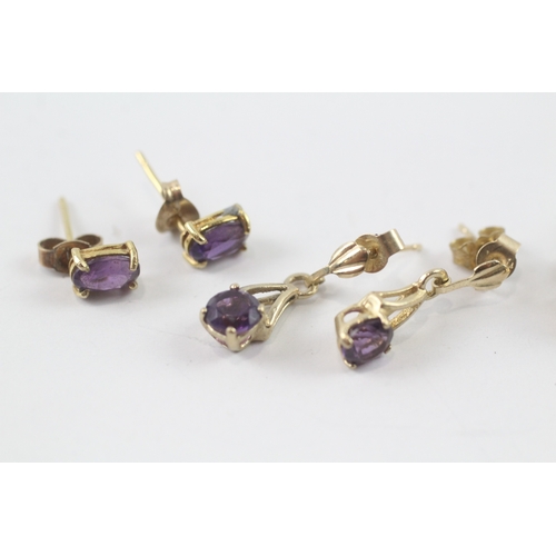 7 - 3 x 9ct gold amethyst earrings (3.1g)