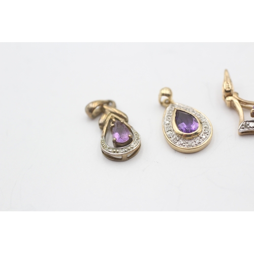 75 - 3x 9ct gold amethyst & diamond pendants (4.3g)